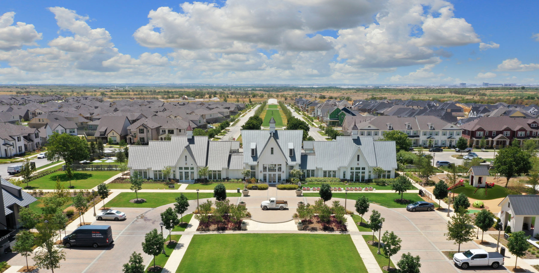 A bird's eye view of Jackson Hall at Pecan Square