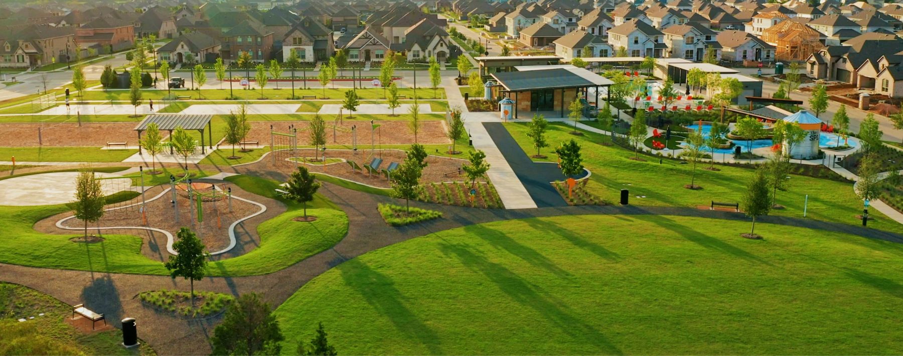 A bird's eye view of the pool, playgrounds and fields at Union Park