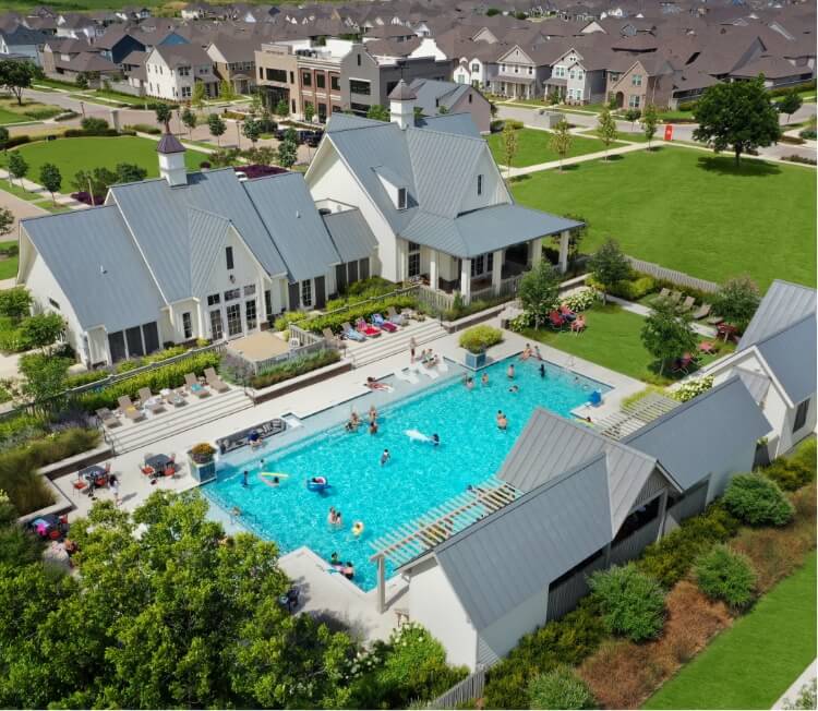 A bird's eye view of the pool at Pecan Square in Northlake, Texas