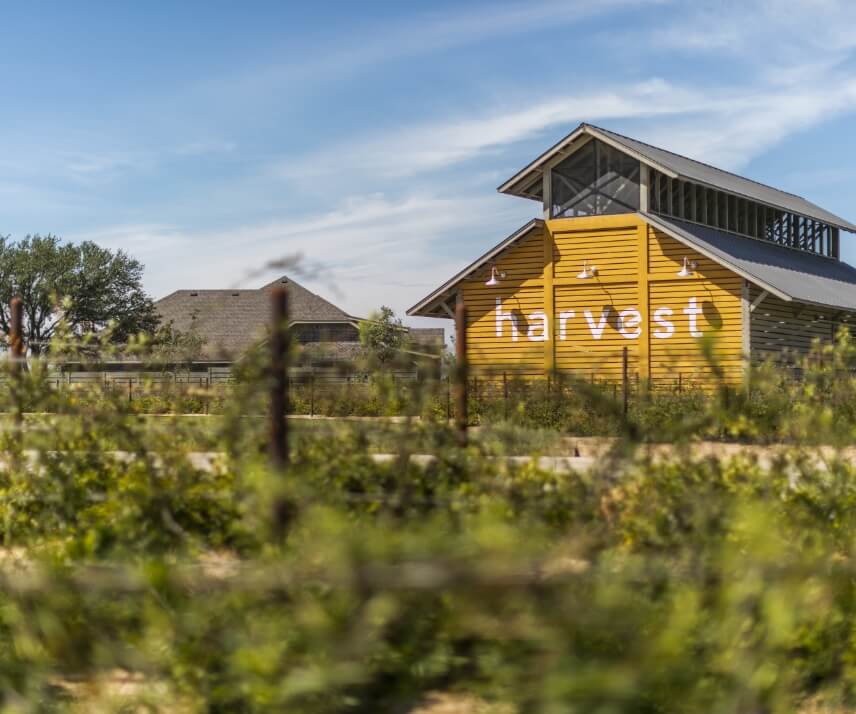 A building that has been painted yellow and has Harvest written across it