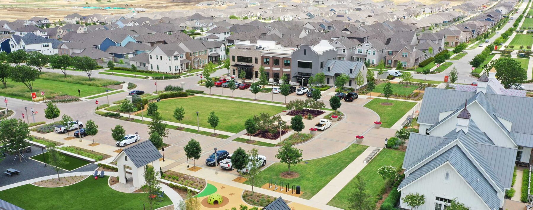 Aerial photograph of Pecan Square by Hillwood