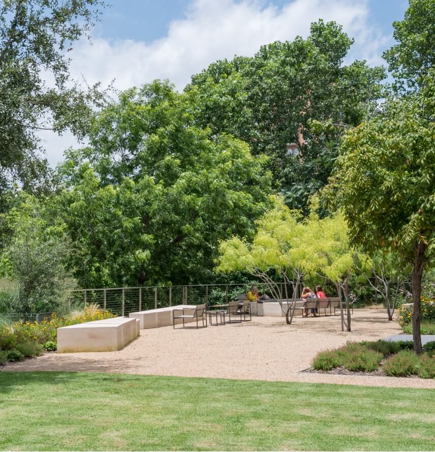 An open seating area at a park with three women sitting in the shade of a tree
