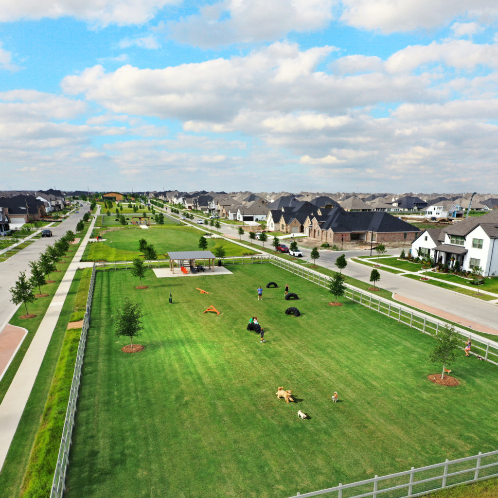 An aerial of the dog park at Harvest
