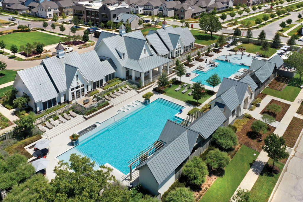 An aerial shot of Jackson Hall at Pecan Square