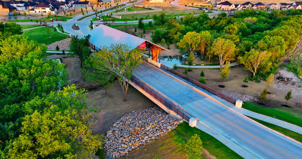 Aerial view of the Treeline entrance bridge