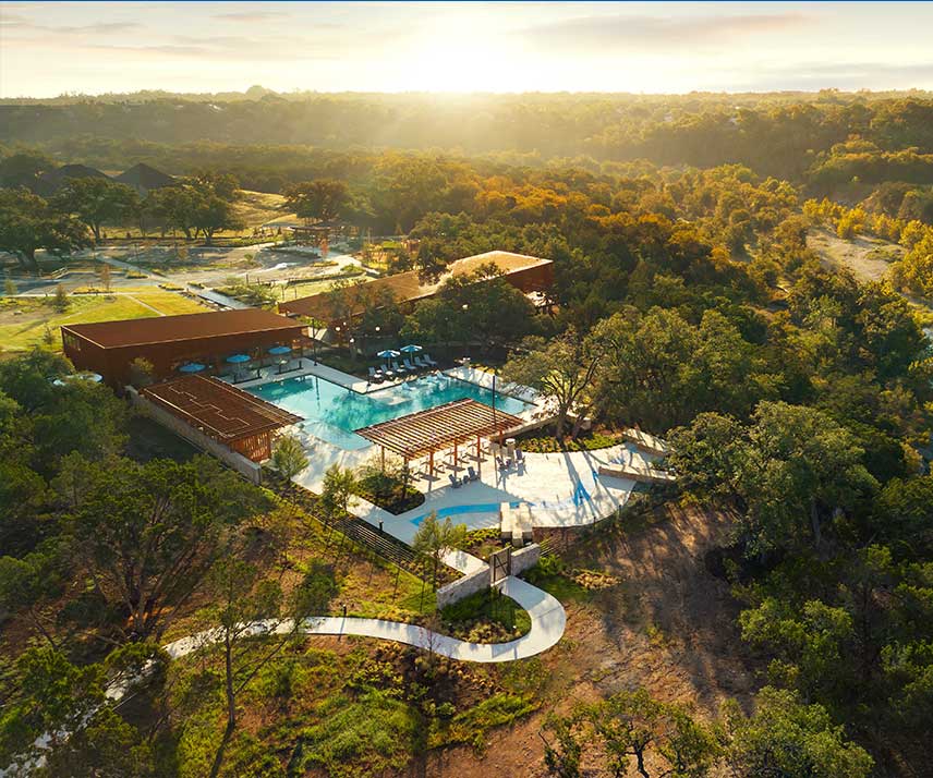 Aerial photograph of a pool in a Hillwood community