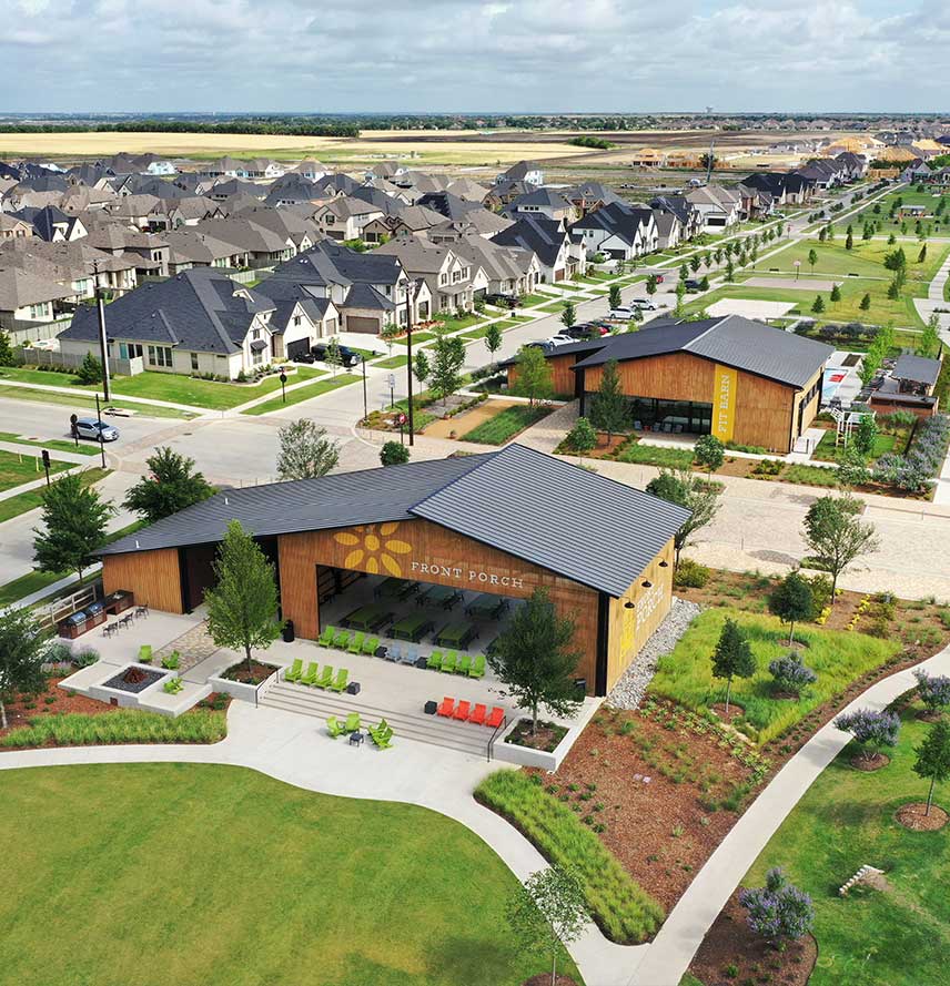 An aerial photograph of Pecan Square by Hillwood community