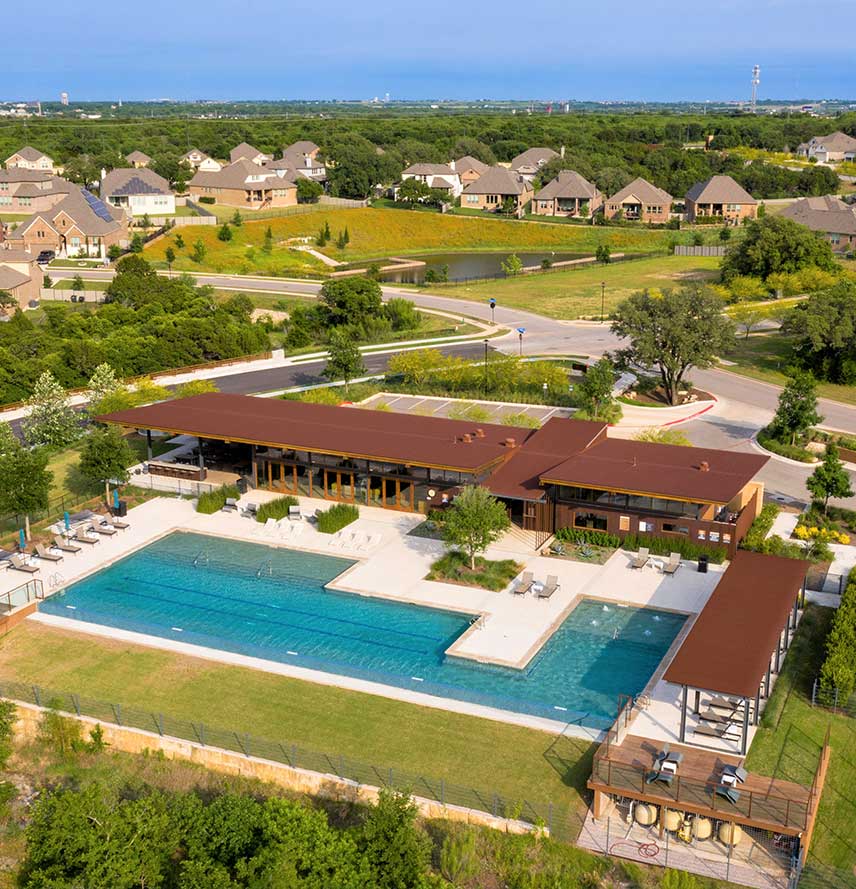 Aerial photograph of a pool in a Hillwood community