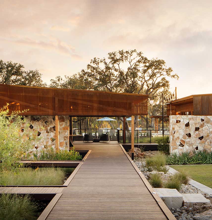 A landscaped walkway in a Hillwood community