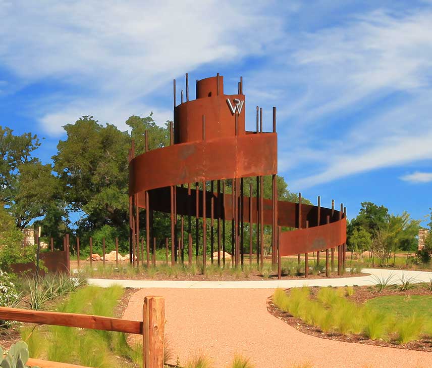 A public art sculpture at a Wolf Ranch by Hillwood